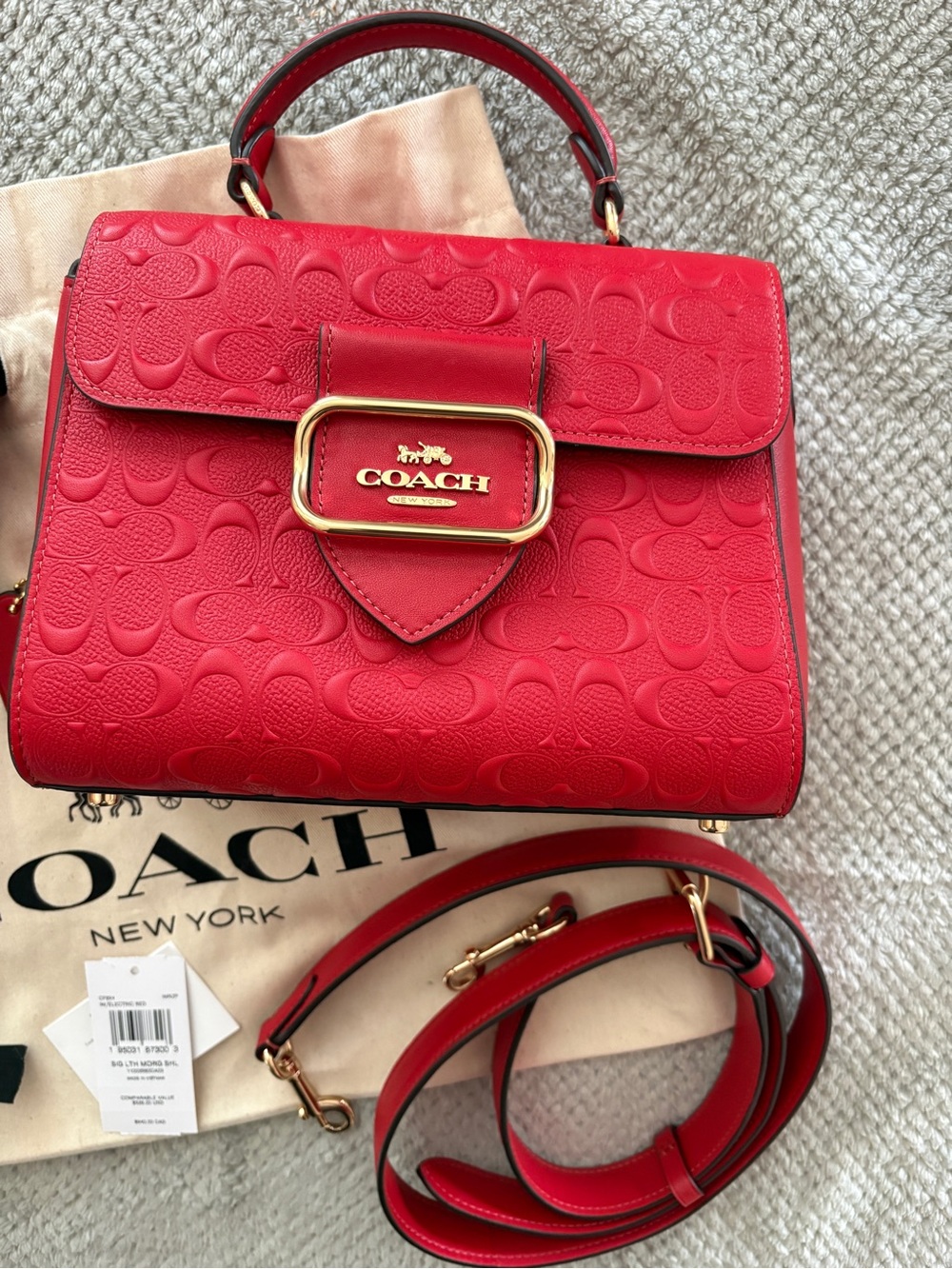 Coach Red Embossed Signature Leather Satchel with Gold Hardware